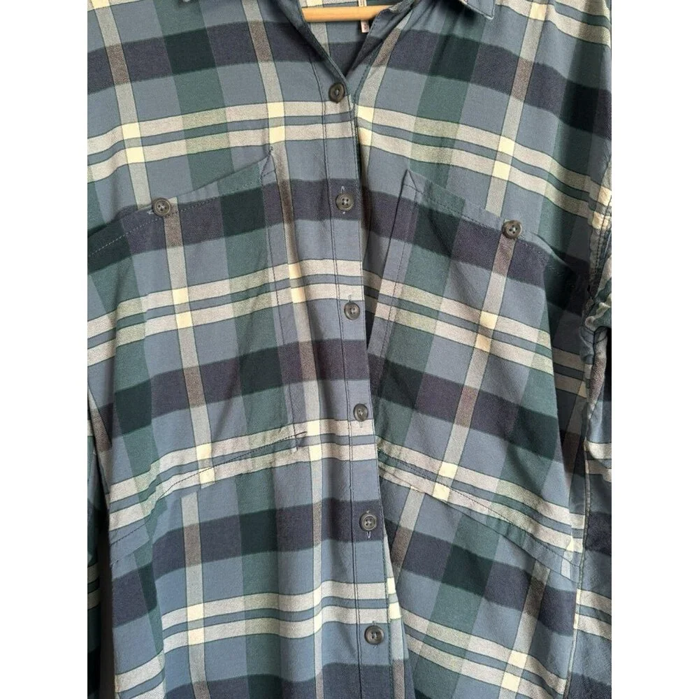 Free People Loveland Blue Plaid Top Sz Small Button Up Frayed Hem Boho Country